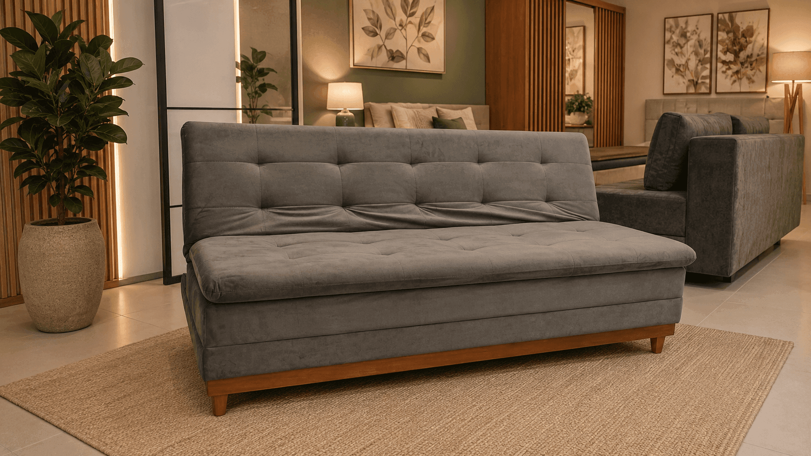 Gray tufted couch on a wooden-axed base sits on a woven beige rug in a modern showroom.
