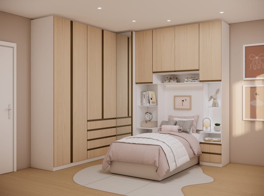 Quarto de solteiro decorado com móveis modulados em formato de L nas cores branco e madeira clara. O conjunto apresenta um guarda-roupa de canto com gavetas aparentes à esquerda e um armário aéreo formando um nicho central que acomoda a cama de solteiro e prateleiras decorativas à direita.