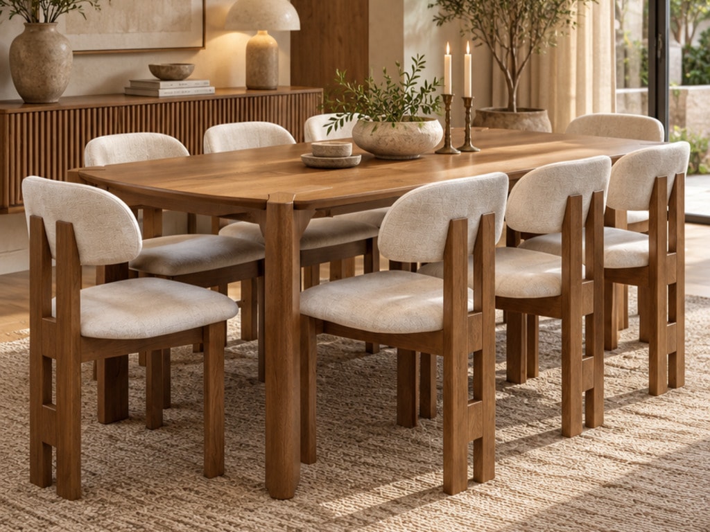 Conjunto de sala de jantar Eugênia Ciello com mesa retangular de madeira maciça cor cappuccino e oito cadeiras Manu estofadas em linho bege.