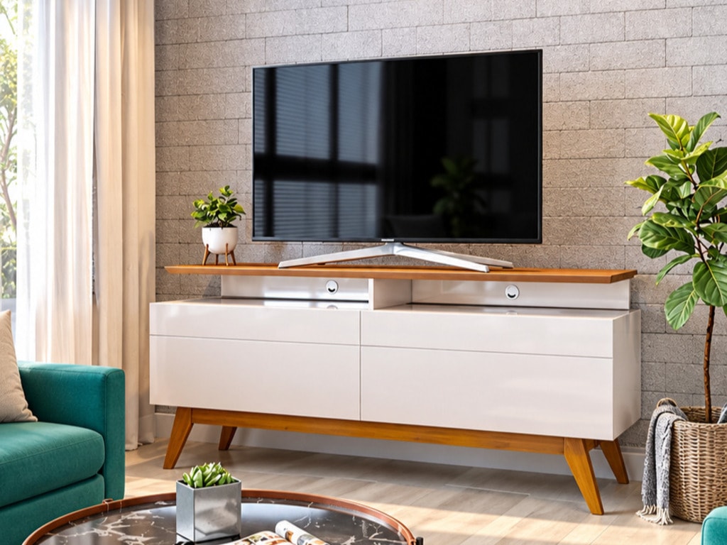 Rack Classic 2G Ciello na cor off-white com tampo e pés em madeira maciça tom nature, com TV sobre o tampo em sala decorada.