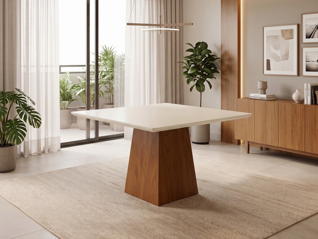 Mesa de jantar quadrada Ciello com tampo laqueado off-white e base pedestal de madeira, posicionada no centro de uma sala de jantar moderna com aparador ao fundo e iluminação natural.