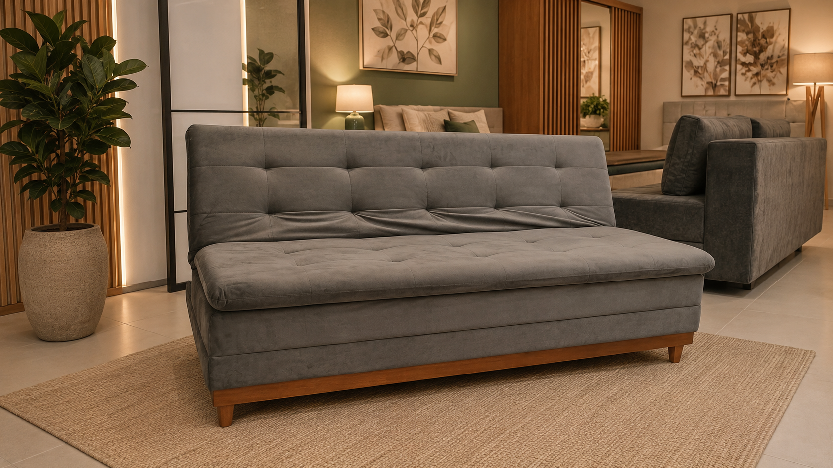 ChatGPT Image 24 de jun. de 2026, 16_06_29 Gray tufted couch on a wooden-axed base sits on a woven beige rug in a modern showroom.
