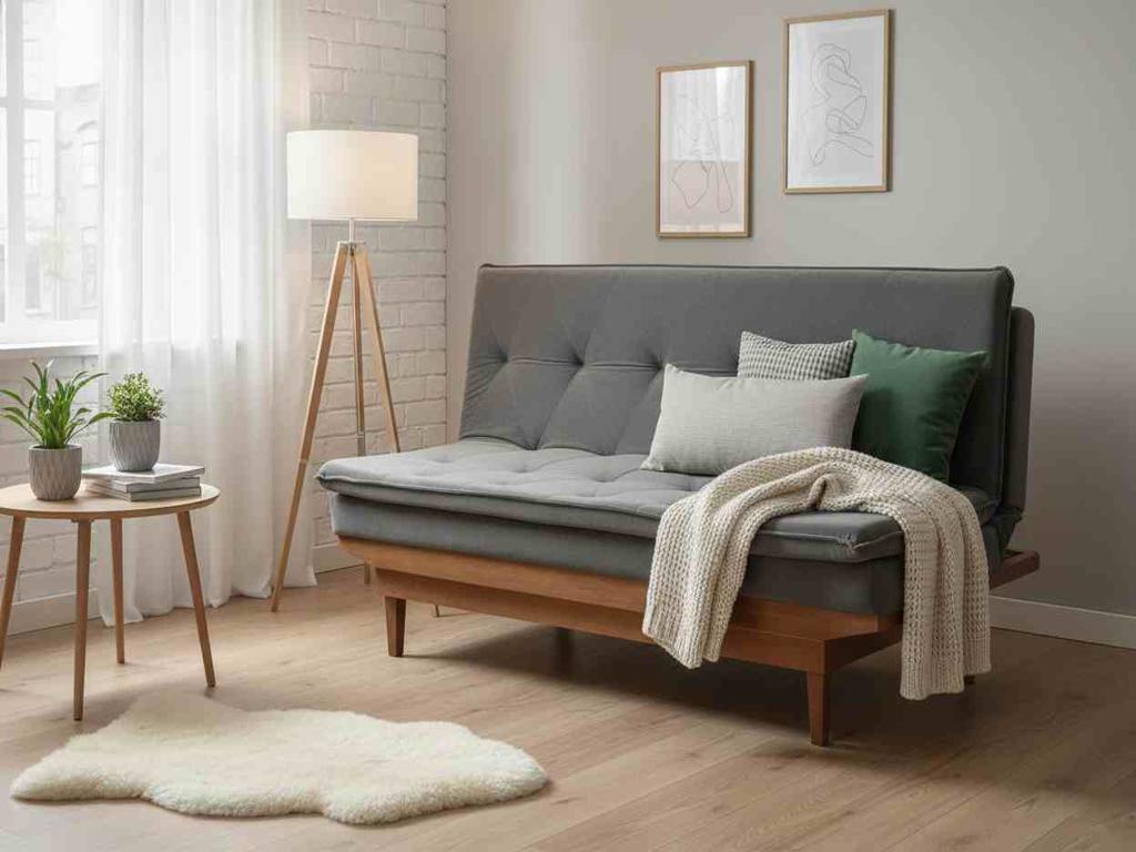 Sofá-Cama Júlia Design Moderno com Pillow Top Sofá Júlia na cor cinza em posição fechada, destacando a base de madeira e o pillow top no assento.