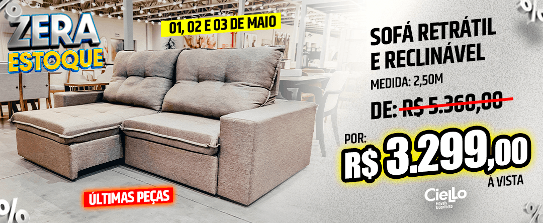 Sofá retrátil e reclinável de 2,50 m em tom cinza, com almofadas, promocional com preço à vista de R$ 3.299,00 e etiqueta 'Últimas Peças'