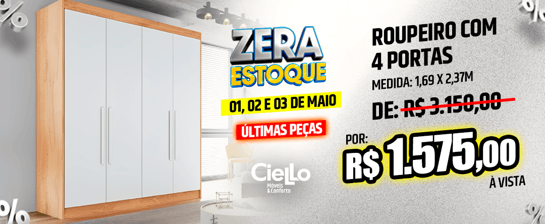 Armário de quarto com 4 portas em acabamento madeira e branco; promoção com preço à vista de R$ 1.575,00 e medidas 1,69 x 2,37 m.