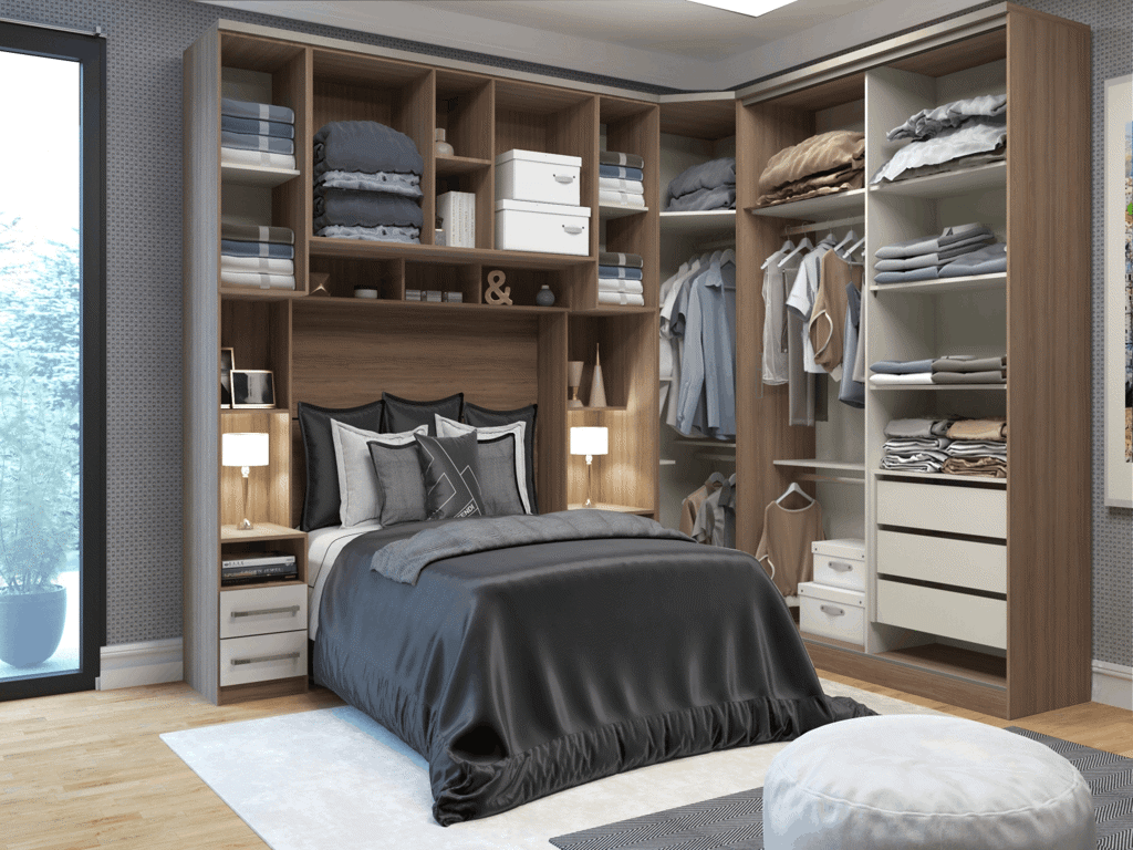 Bedroom with a built-in wooden wardrobe surrounding the bed, shelves of folded clothes, and lamps on each side.