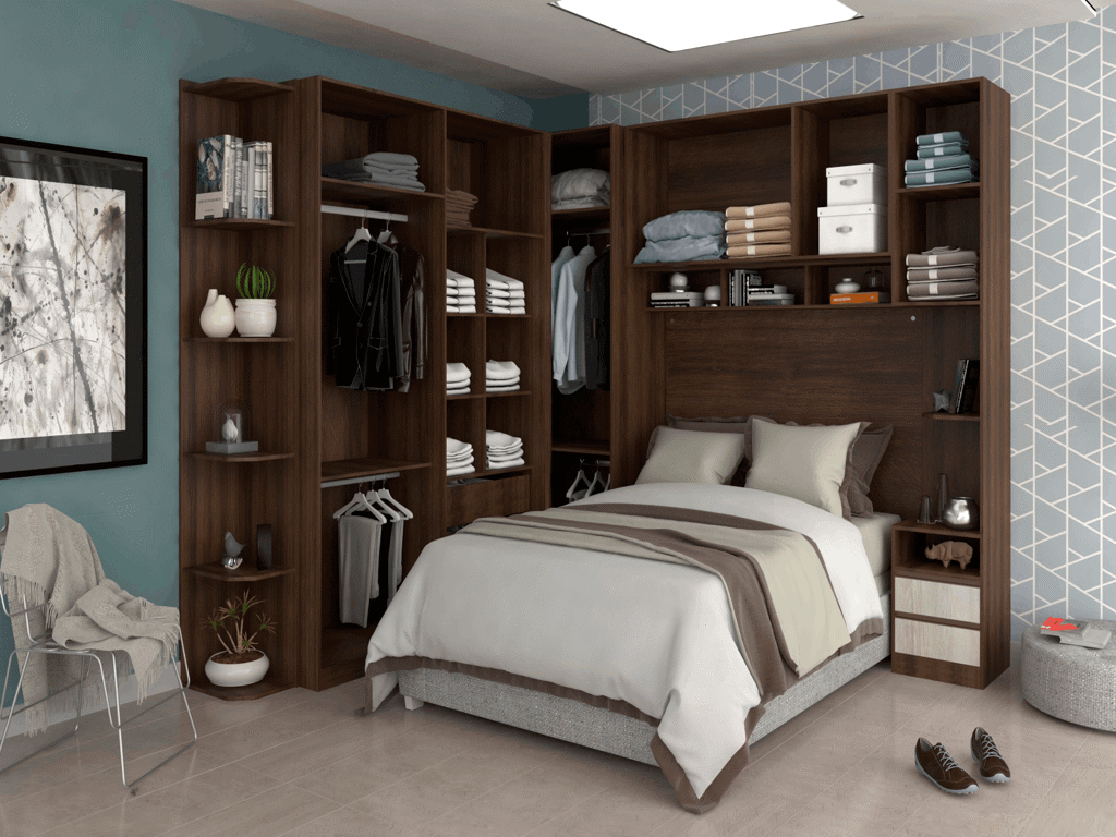 Bedroom with a large dark wood modular wardrobe surrounding a bed, shelves neatly holding clothes and boxes.