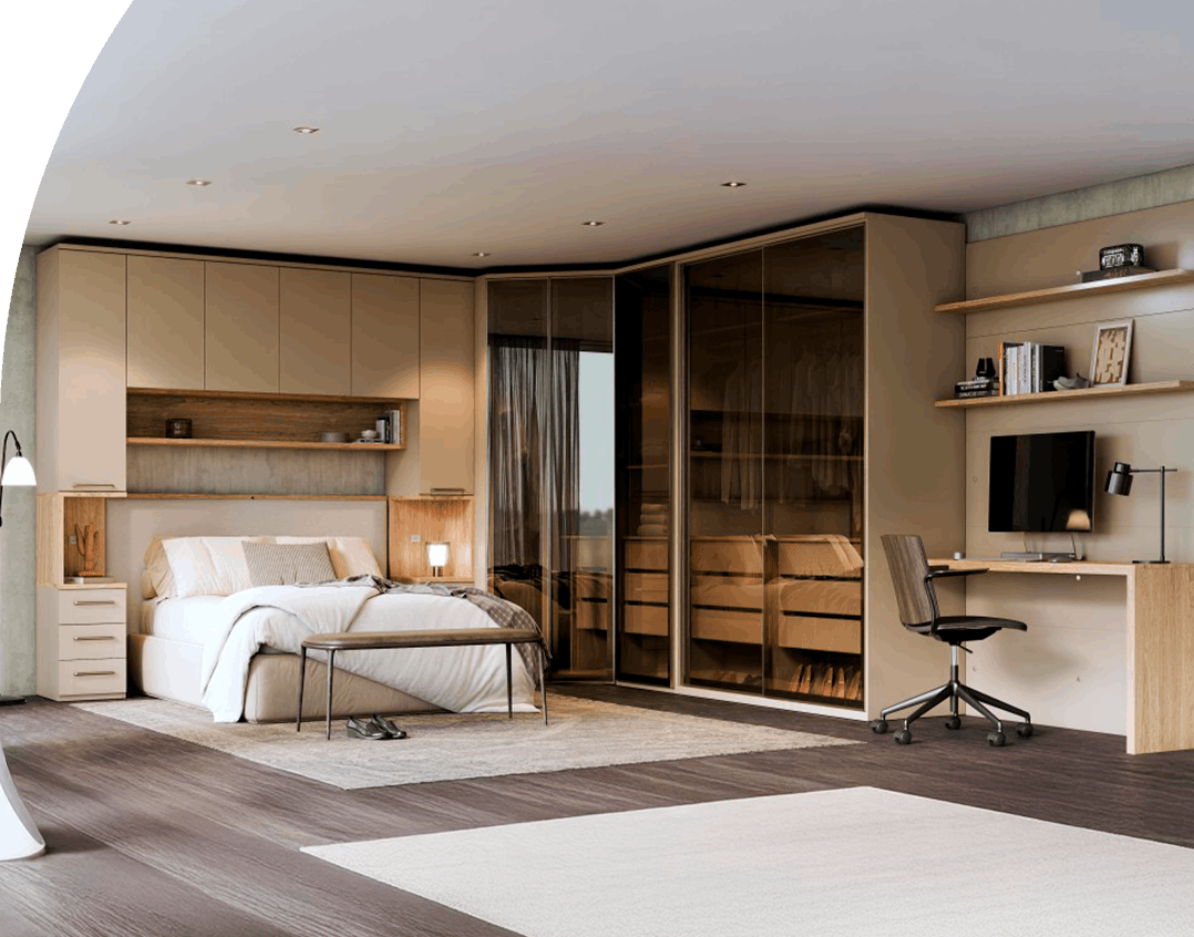 Modern bedroom with a built-in wardrobe, bed, bench, and a desk with a computer chair in a neutral-toned space.