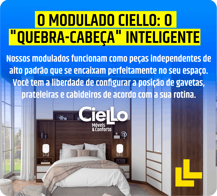 Anúncio da Ciello Móveis & Conforto com quarto moderno, cama branca, guarda-roupa embutido e textos em amarelo sobre o 'quebra-cabeça' inteligente.