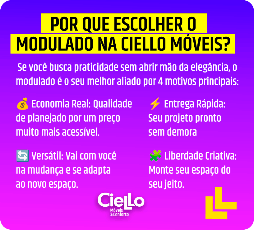 Cartaz roxo com título amarelo: 'Por que escolher o modulado na Ciello Móveis?' e os quatro motivos: Economia Real, Entrega Rápida, Versátil e Liberdade Criativa; logotipo Ciello Móveis & Conforto.