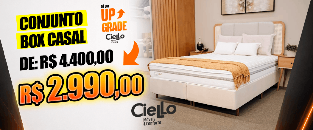 Advertisement for a double bed set sale: discounted price R$2.990,00 from R$4.400,00, in a bedroom with a white upholstered bed and nightstands (Cielo Móveis & Conforto).
