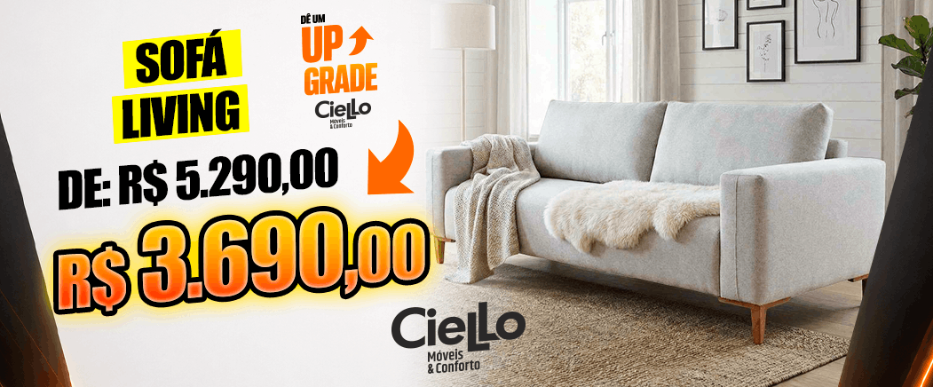 Promo image of a gray sofa with bold orange discounted price R$ 3.690,00 and old price R$ 5.290,00 (Sofá Living).