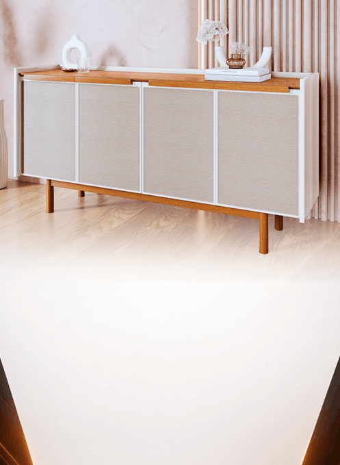 Modern wooden sideboard with four beige panel doors and a warm wood top on slim legs in a bright living room.