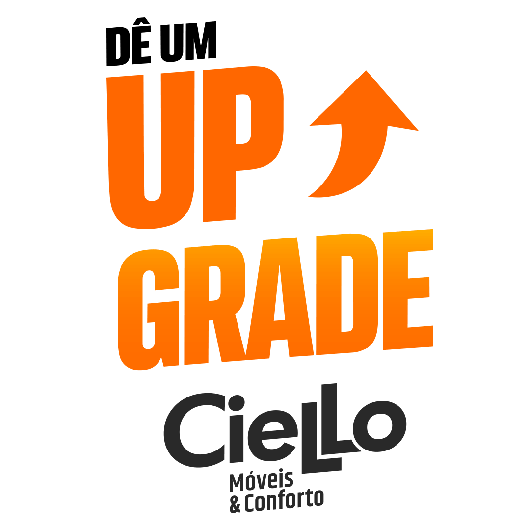 Logo for 'Upgrade' with an orange gradient wordmark and upward arrow, followed by 'Cielo Móveis & Conforto' in dark gray.