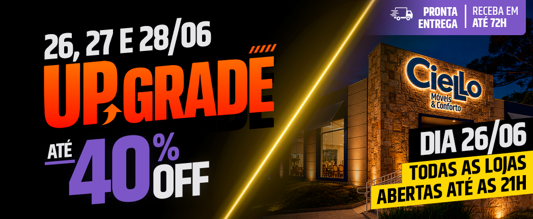 Promo banner for a Cielo Móveis & Conforto upgrade sale (Jun 26–28) offering up to 40% off; shows store exterior at dusk with a diagonal yellow light and yellow-black opening-hours sign stating all stores open until 9 PM on June 26; top-right badge mentions ready-to-ship delivery (72h).