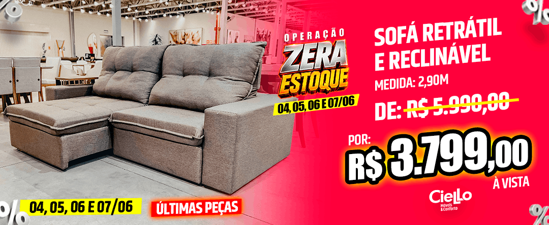 Promoção de sofá retrátil e reclinável com preço de 3.799,00 em fundo rosa, datas 04,05,06 e 07/06, peça última peças (banner de loja)