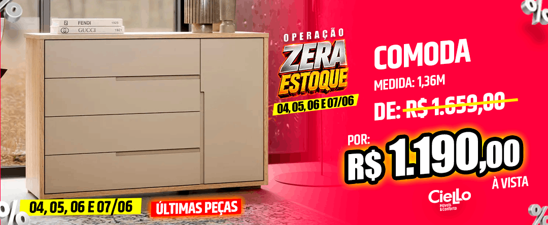 Beige chest of drawers beside a bold red sale banner showing price R$1.190,00 and 'Últimas Peças' text.
