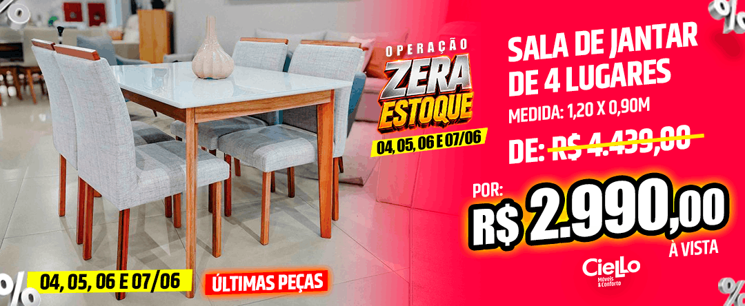 Promotional banner showing a four-seat dining table with upholstered chairs on the left and bold red sale text on the right, announcing 'SALA DE JANTAR DE 4 LUGARES' and price 'R$ 2.990,00'