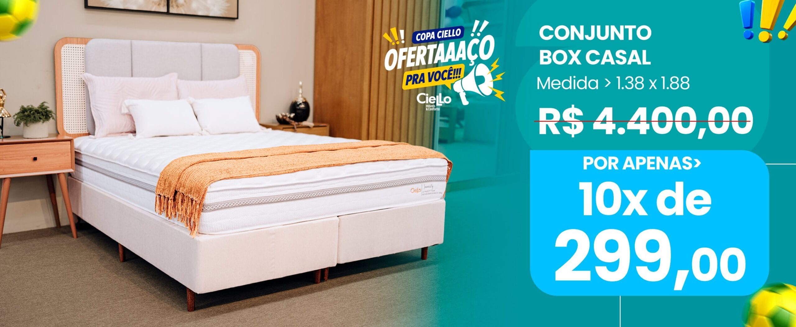 Banner promocional anunciando conjunto box casal medida 1.38 por 1.88 de R$ 4.400,00 por 10 vezes de 299,00.
