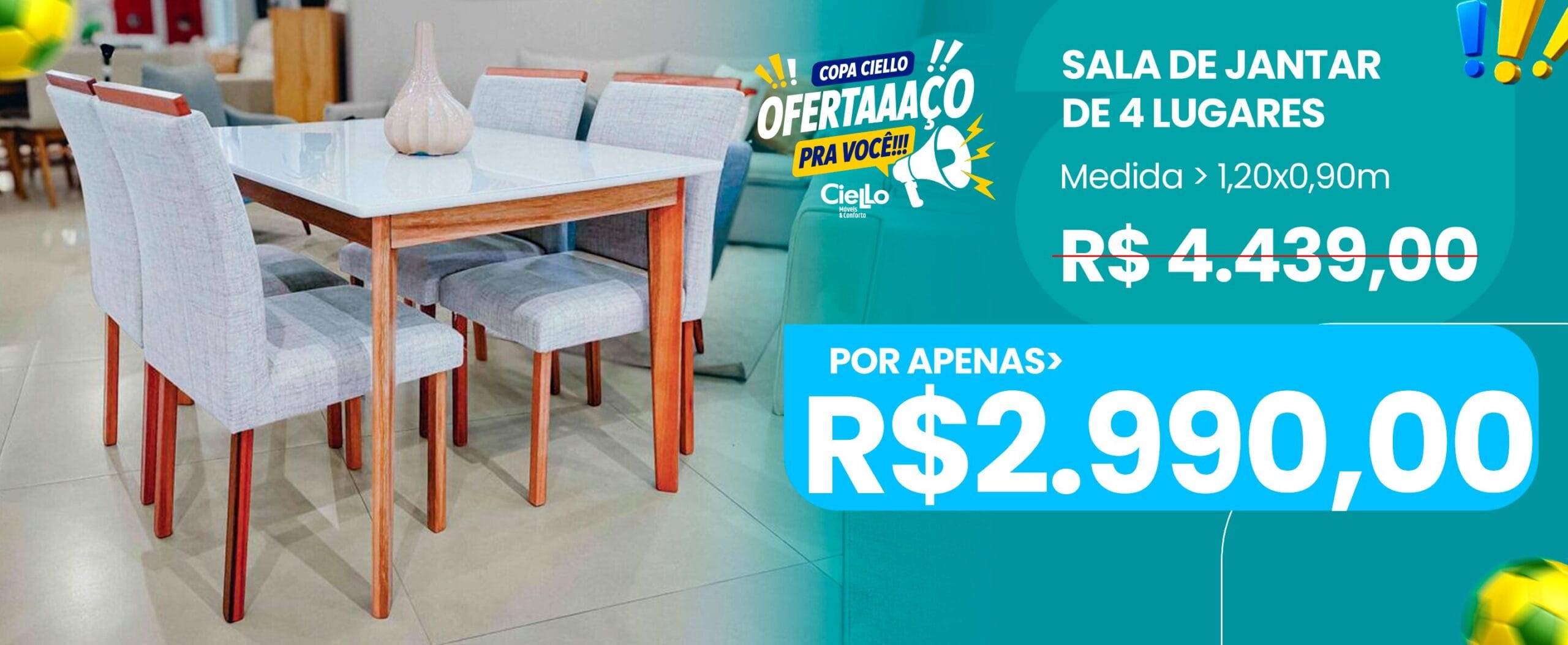 Banner promocional de sala de jantar de 4 lugares com mesa de tampo de vidro branco e cadeiras de madeira estofadas, por 2.990 reais.