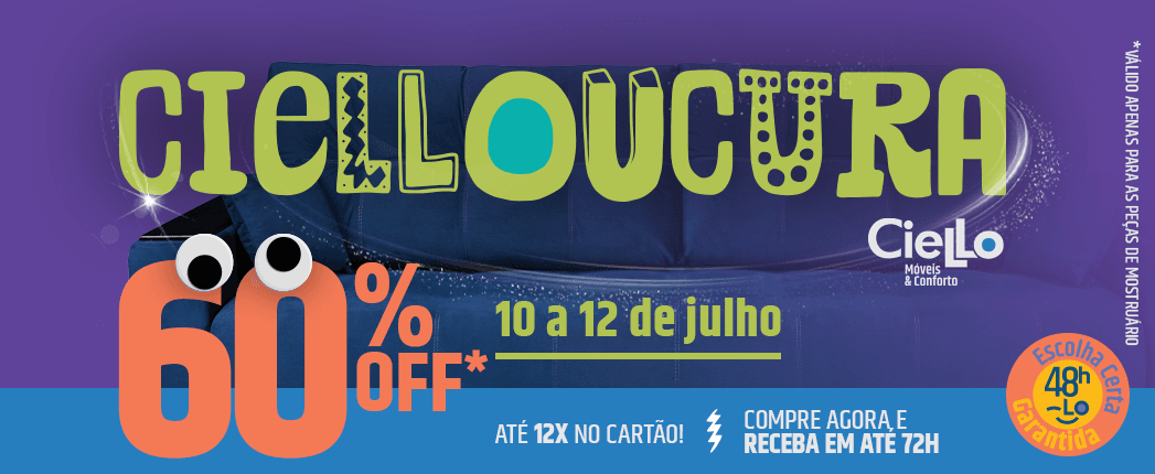 Banner promocional em roxo e azul anunciando 60% OFF de móveis, de 10 a 12 de julho, com até 12x no cartão e entrega rápida (72h).