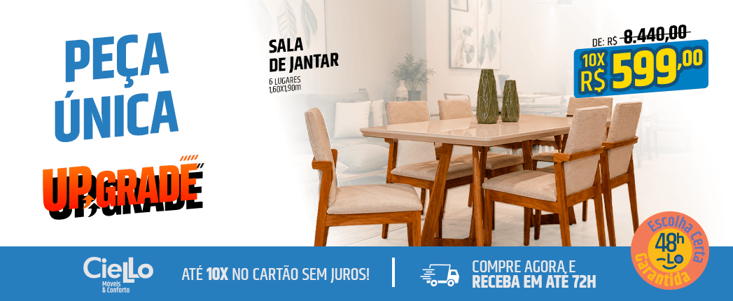 Advertisement banner featuring a six-seat wooden dining table with beige upholstered chairs, price 599,00, and bold sale text on a blue promotional background from Cielo Móveis & Conforto.