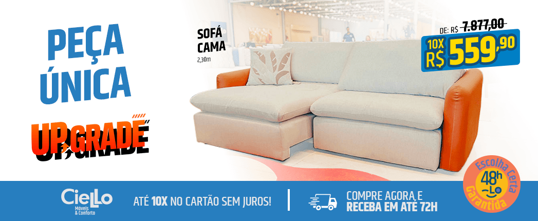 Sofá modular cinza com braços laranja em cenário de loja; destaque para preço promocional de 559,90 à vista e opção de 10x sem juros No banner de promoção.