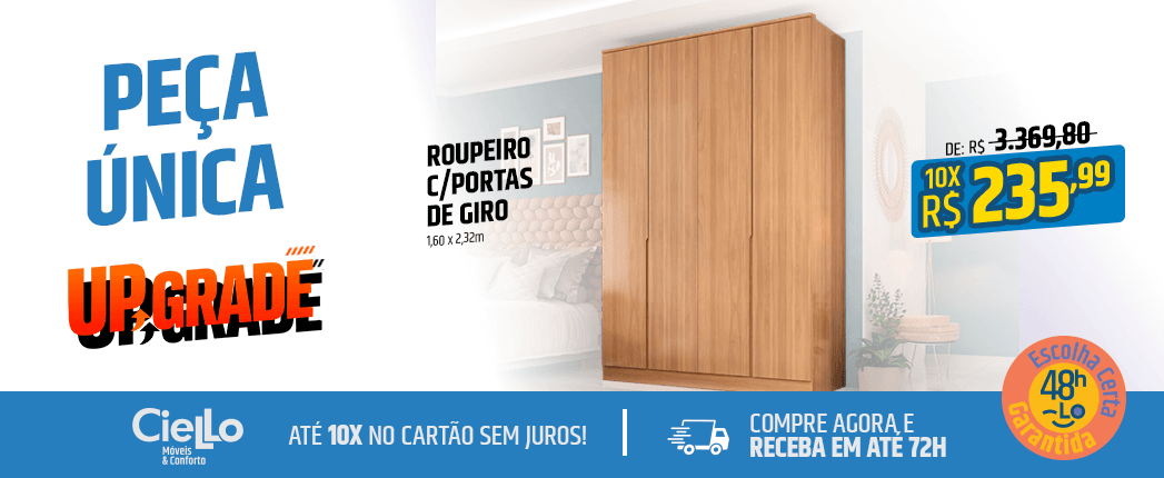 Banner publicitário de móveis mostrando promoção de upgrade com guarda-roupa e preço R$235,99 ao lado de 12x sem juros.