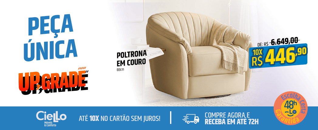 Promotional banner showing a beige leather armchair with a special price of R$446,90 and a crossed-out original price, blue sale graphics in Portuguese.