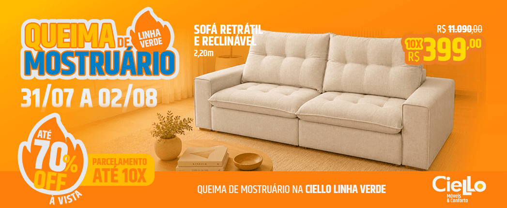 Banner laranja anunciando queima de mostruário: sofá retrátil e reclinável em promoção, 31/07 a 02/08, até 70% off, 10x 399,00.