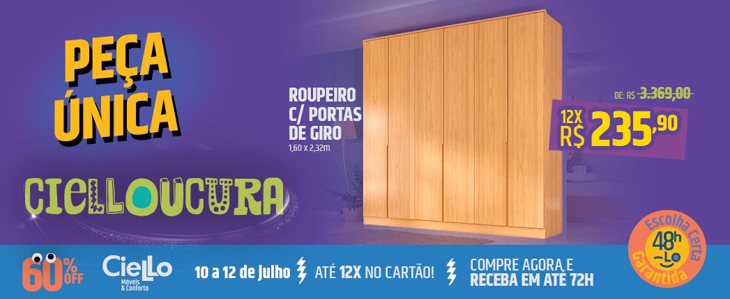 Imagem de roupeiro com descrição de peça única. Desconto de 10 a 12 de julho