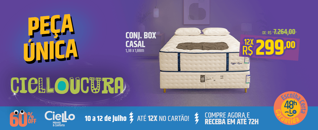Imagem de cama box em promoção. Peça única Cielloucura de 10 a 12 de julho.