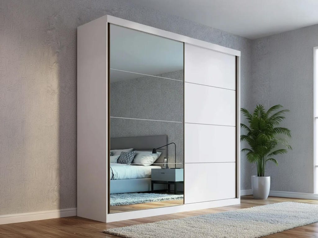 Guarda Roupa Casal Roupeiro Star Espelho | Ciello Guarda-roupa de casal branco Roupeiro Star com duas portas de correr fechadas, sendo uma delas revestida por espelho inteiriço que reflete uma cama e uma mesa de cabeceira em um quarto decorado.