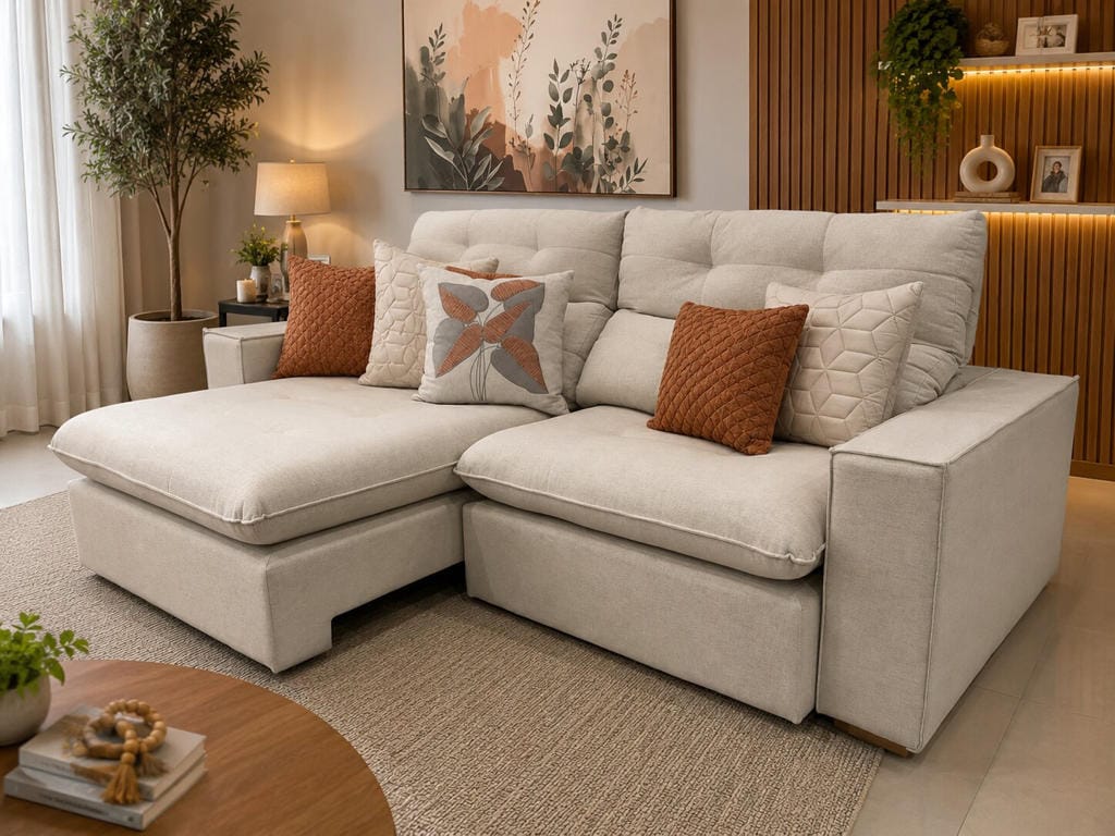 Beige sectional sofa with brown and cream throw pillows in a cozy living room with plants and warm lighting.