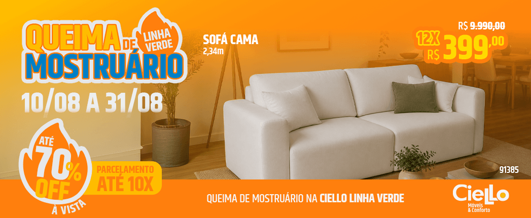 Promoção de móveis: sofá-cama branco em sala, Queima de Mostruário 10/08 a 31/08, até 70% off e parcelamento até 10x (à vista).