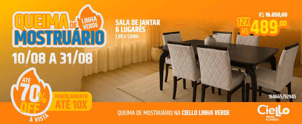 Promoção de móveis: mesa de jantar com 6 cadeiras em ambiente de sala, descontos de até 70% e parcelamento em até 10x, 10/08 a 31/08.