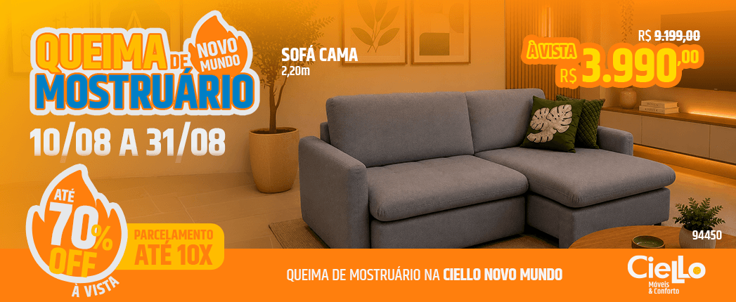 Anúncio de queima de mostruário Novo Mundo: sofá cinza em sala, preço à vista R$3.990, até 10x, até 70% off, de 10/08 a 31/08.