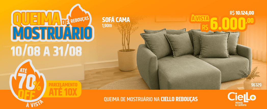 Banner promocional de queima de mostruário com sofá-cama cinza, até 70% off, preço a vista de 6.000 e parcelamento em até 10x (10/08 a 31/08). Alternativa: "Queima de mostruário".
