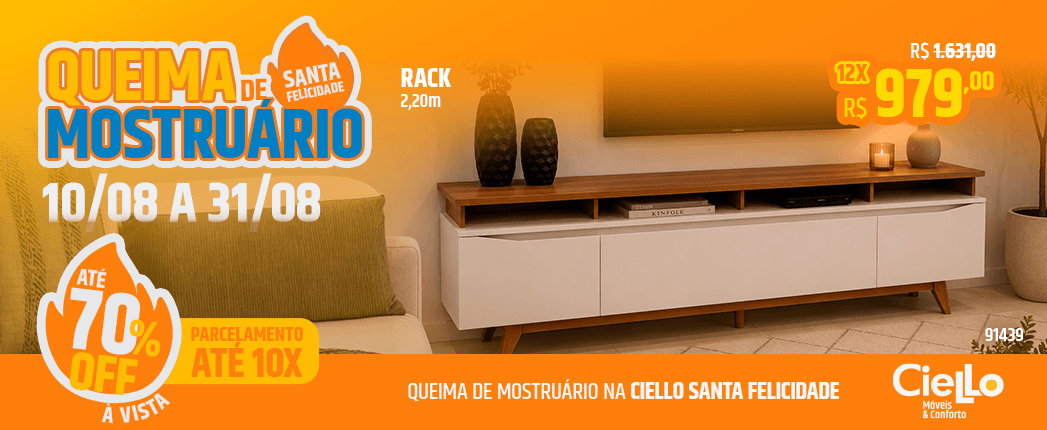 Promo banner for Ciello Móveis: 'Queima de Mostruário' with up to 70% off and 10x installments; living room with white TV console.