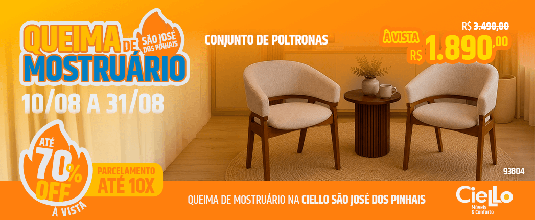 Banner promocional de queima de mostruário com datas 10/08 a 31/08, até 70% off à vista, exibindo duas poltronas e uma mesa.