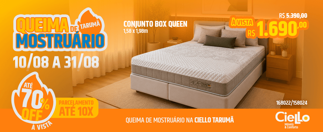 Promoção de cama: Conjunto Box Queen 1,58 x 1,98 m em destaque; preço à vista R$ 1.690, datas 10/08–31/08; até 70% OFF, parcelamento até 10x; Ciello Móveis & Conforto.