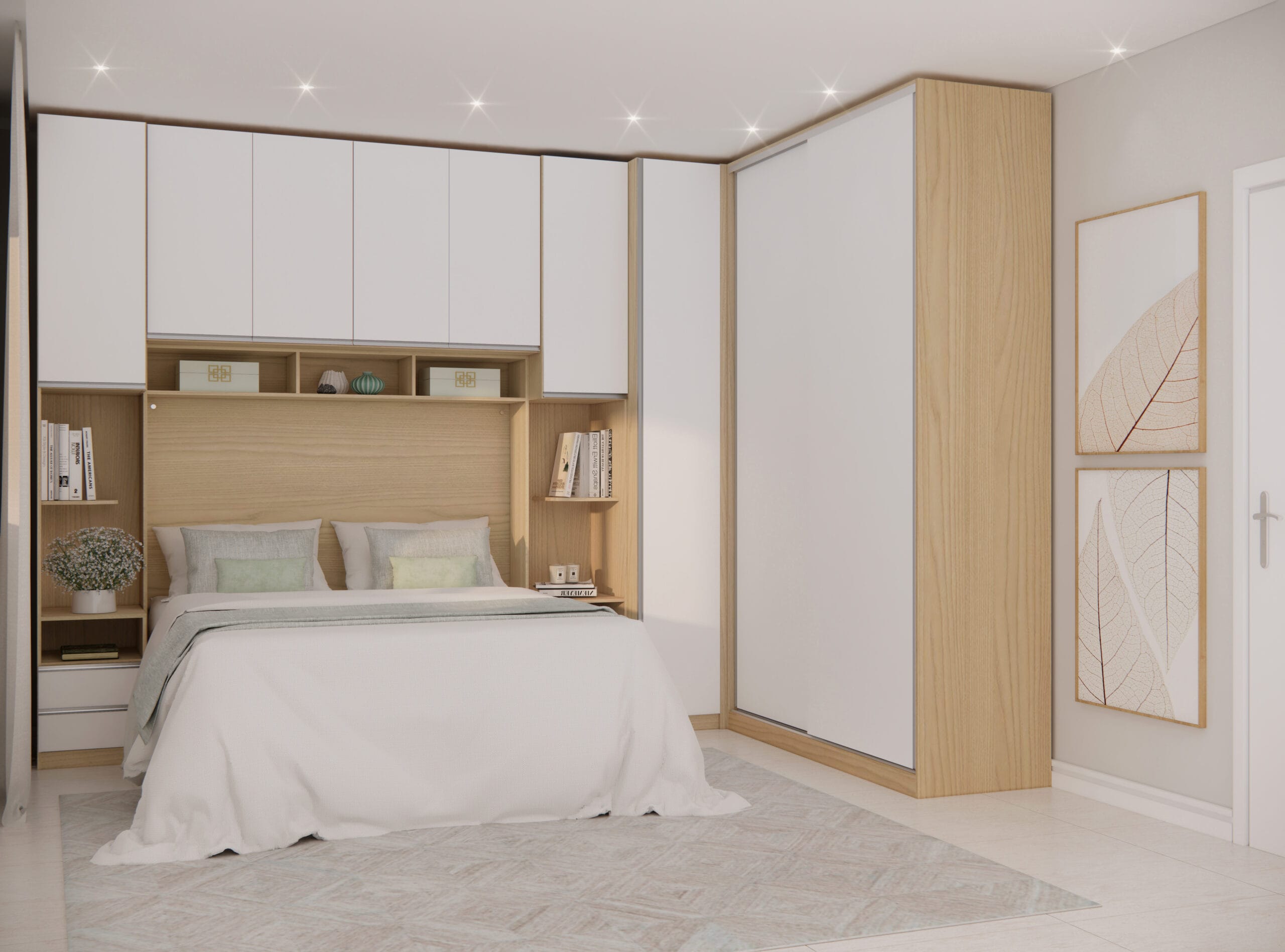 Quarto Modulado Casal com Nichos Andorra Quarto de casal decorado com móveis modulados fechados nas cores madeira clara e branco, destacando o armário de ponte com nichos decorativos abertos logo acima da cama e um guarda-roupa na lateral direita.