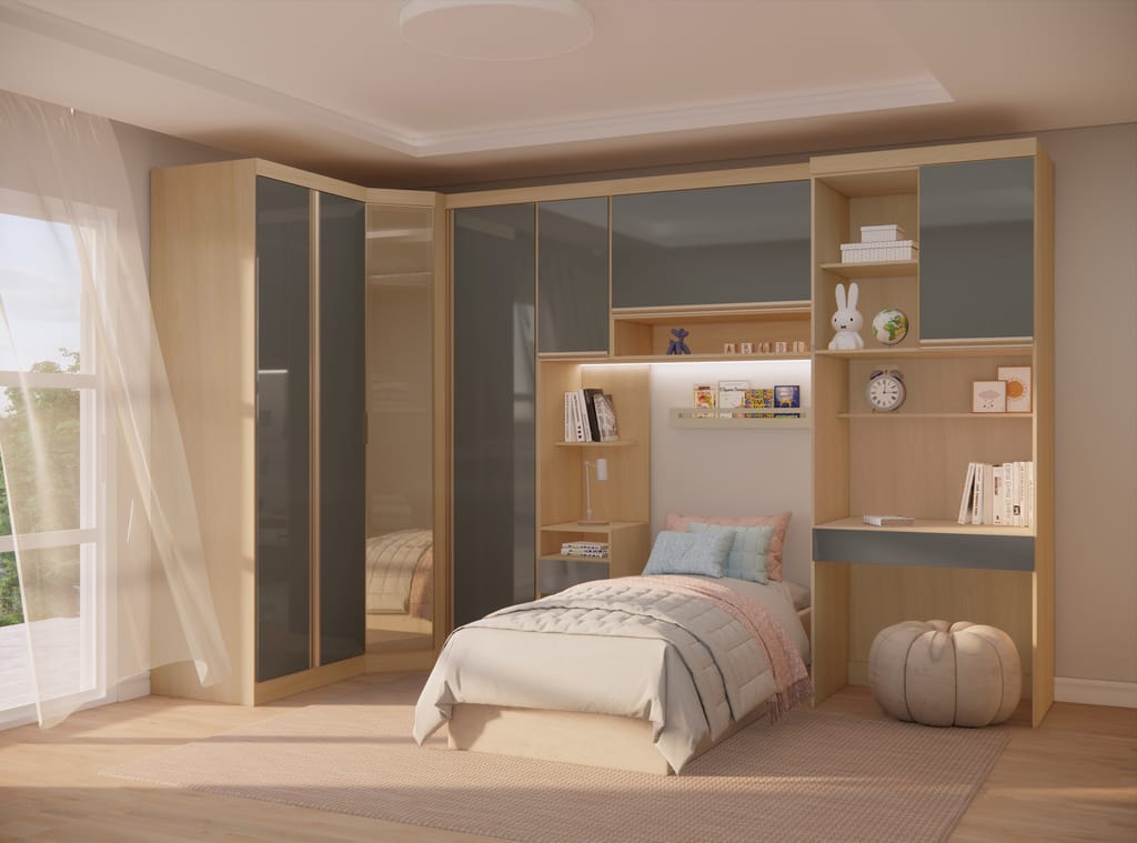 Quarto Planejado Solteiro Grafite e Vidro Quarto de solteiro planejado em formato L. À esquerda, guarda-roupa de canto com portas em tom grafite e vidro reflecta bronze. Ao centro, cama de solteiro sob armário aéreo e, à direita, uma bancada de estudo com prateleiras integrada à estrutura de madeira clara.