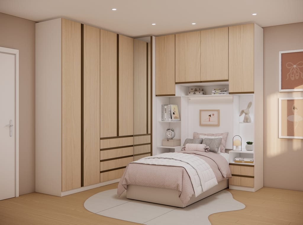 Quarto Modulado Solteiro Amadeirado Quarto de solteiro decorado com móveis modulados em formato de L nas cores branco e madeira clara. O conjunto apresenta um guarda-roupa de canto com gavetas aparentes à esquerda e um armário aéreo formando um nicho central que acomoda a cama de solteiro e prateleiras decorativas à direita.
