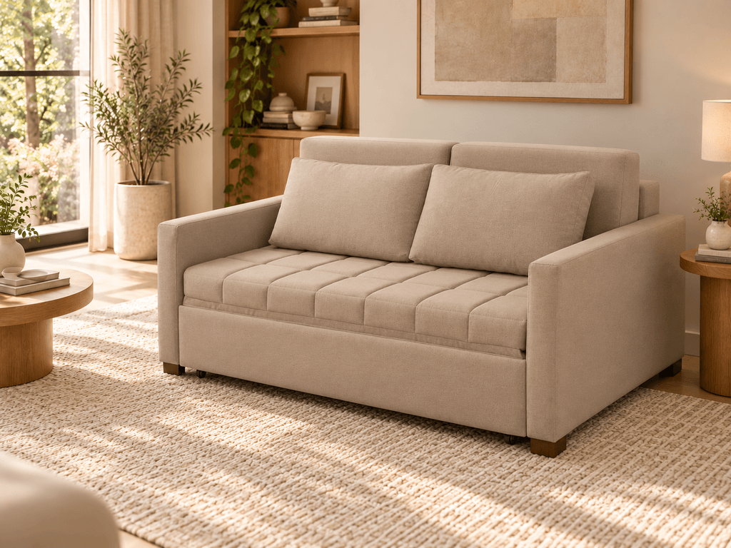 Sofá Compacto Bege Sala Sofá bege Smart compacto de dois lugares com braços retos e almofadas no encosto.