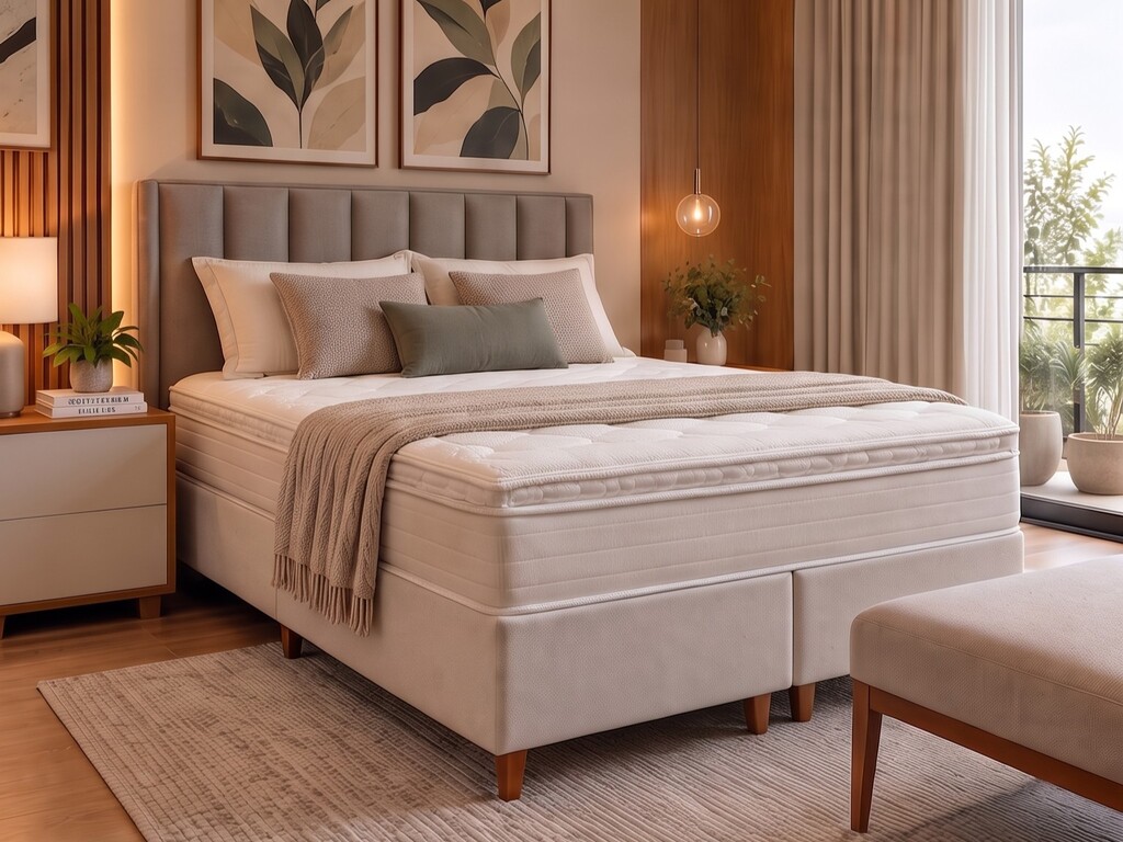 Cama Box Queen Size Milão com Pillow Top Conjunto cama box Queen Size Milão Ciello com colchão de pillow top alto, base sommier clara e cabeceira estofada canelada cinza em quarto de casal acolhedor.