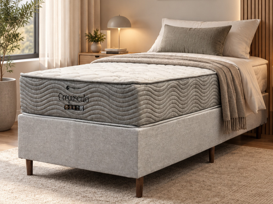 Cama Box Solteiro Crepúsculo Conjunto cama box solteiro Crepúsculo Ciello medindo 0,88x1,88m com colchão Pillow Top matelassê, faixa lateral cinza em relevo e base estofad