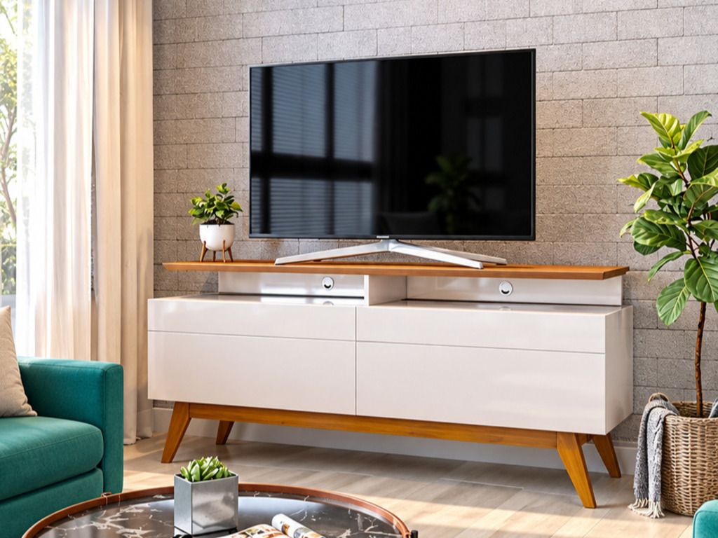 Rack Classic 2G 1.4m Off White e Nature Rack Classic 2G Ciello na cor off-white com tampo e pés em madeira maciça tom nature, com TV sobre o tampo em sala decorada.