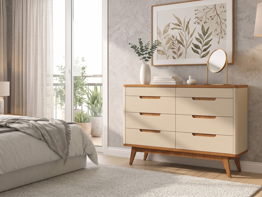 Cômoda 8 Gavetas Off-White e Madeira para Quarto