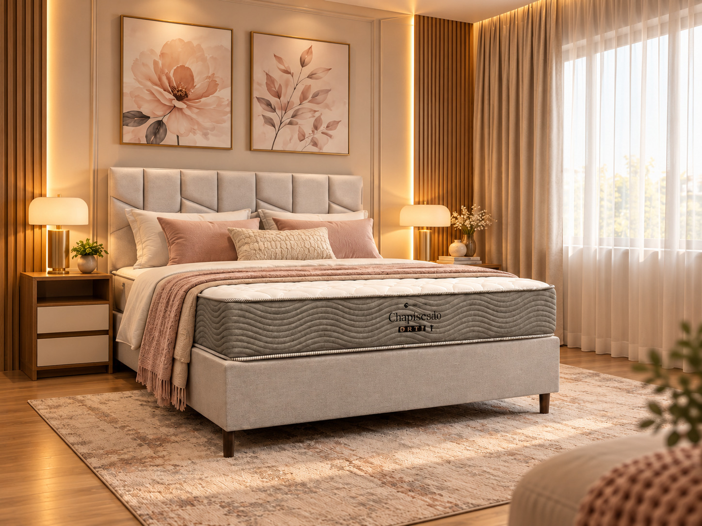 Cama Box Queen Size Crepúsculo Pillow Top Conjunto cama box casal Crepúsculo Ciello medindo 1,38x1,88m com colchão Pillow Top anatômico, faixa lateral cinza em relevo e base estofada em quarto bem iluminado.